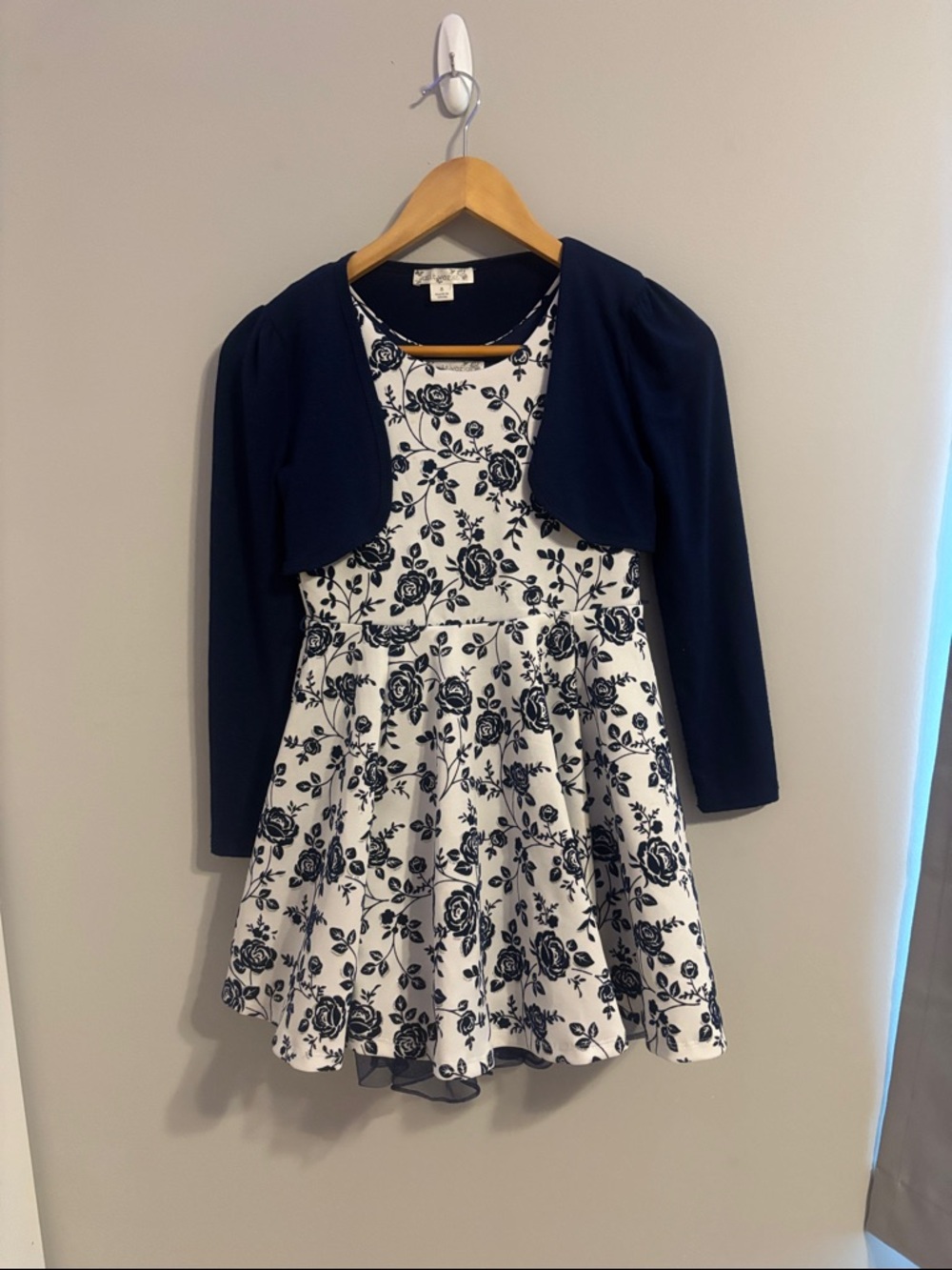 Nautica Navy and White Floral Fit-and-Flare Dress with Navy Bolero